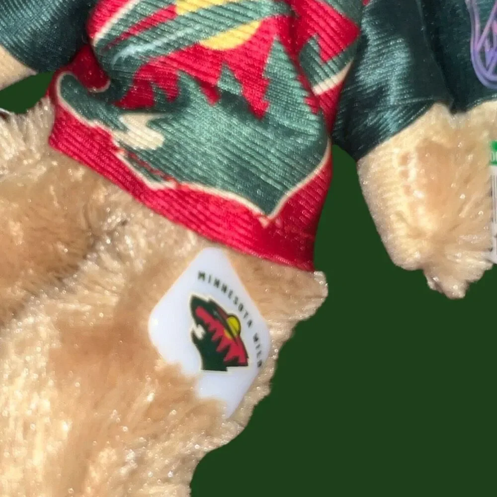 NWT NHL MN Wild Hockey Bear Jersey & Bucket Wild Hat Stuffed Bear 6” P18